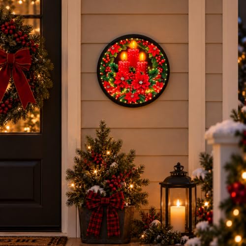 Christmas Candles - No Music Lighted Holiday Centerpiece with Poinsettia & Candle Design - Wall & Tabletop Decor