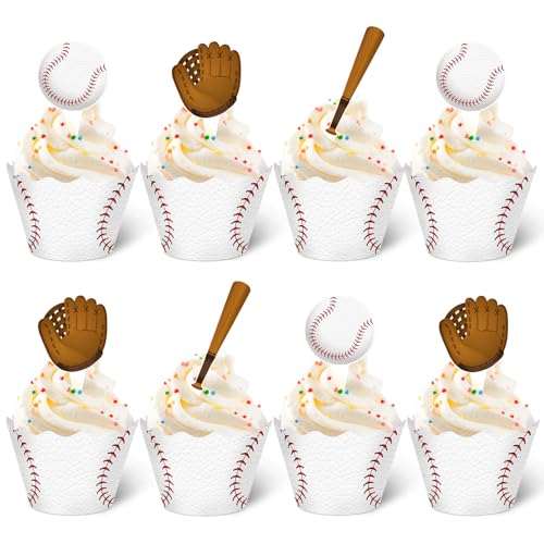 Retro Baseball Cupcake Toppers & Wrappers Set - Party Supplies, 96 Pieces