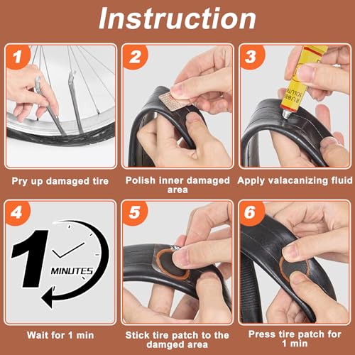 40PCS Bike Tire Repair Kit Vulcanizing Patches Metal Rasp Bicycle Inner Flat Tube Patch Kit for Mountain MTB Motorcycle BMX Road Cyclingwith Portable Storage Box