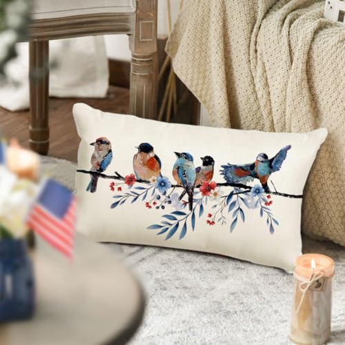Patriotic Lumbar Throw Pillow Cover 12x20 Inch Red White and Blue Independence