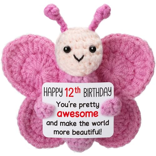 Pink Crochet Butterfly 12th Birthday Gift - Handmade 4" Amigurumi Plush
