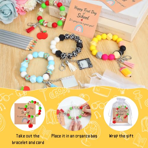 Back to School Bracelets with Keychains - 4 Pack Silicone Beaded Gift Set
