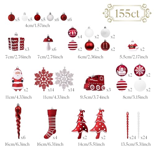 Valery Madelyn Christmas Ball Ornaments Set - Traditional Red & White, 155 pcs