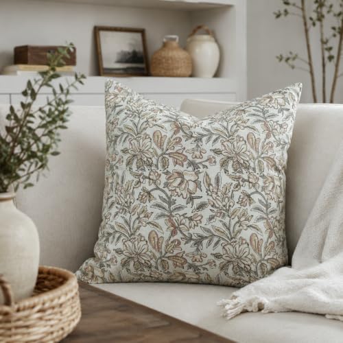 Floral Throw Pillow Cover 18x18 - Vintage Muted Rust & Mustard Botanical