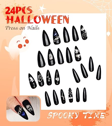 Extra Long Black Stiletto Press On Nails Halloween Gothic Fake Nails