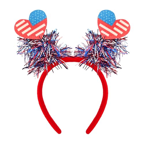 4th of July USA Flag Star Bow Headband with Tinsel Red White Blue