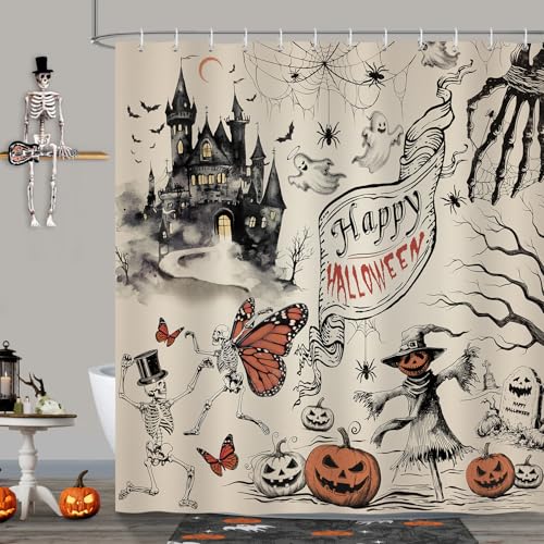 Vintage Halloween Shower Curtain, Spooky Gothic Castle Design 72x72