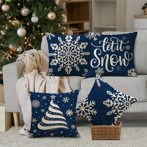 Blue Christmas Pillow Covers 18x18, Set of 4 Snowflake Holiday Decor