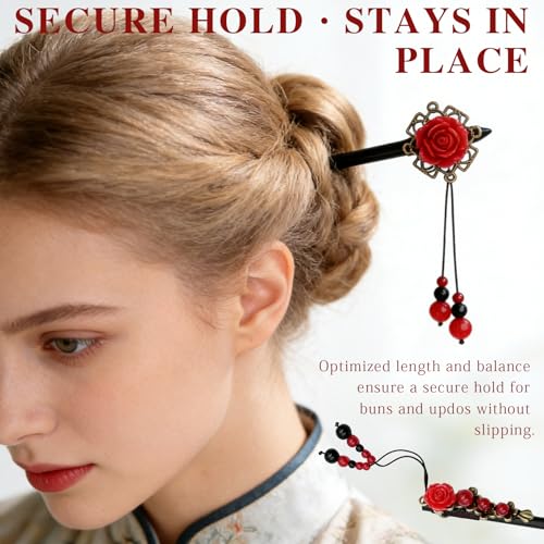 Wooden Hair Sticks 2-Piece Set - Retro Floral Bead Hairpins for Women