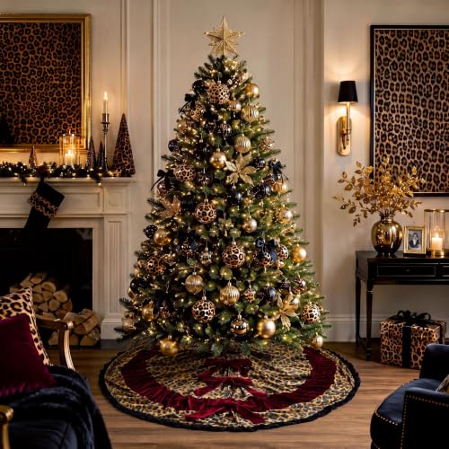 Leopard Print Christmas Tree Skirt 40 Inch Burgundy Velvet Holiday Decor