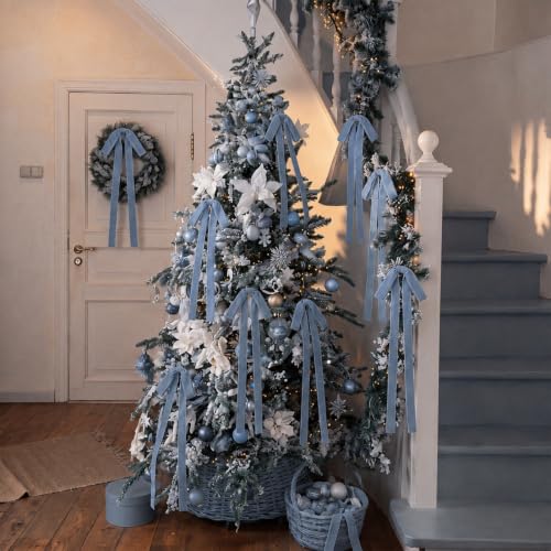 24 Pcs Velvet Christmas Tree Bow - Haze Blue, 9x13 Inch Decorative Holiday Gift Wrap