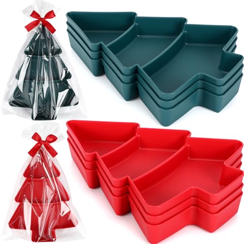 Christmas Tree Shape Serving Tray Set - 6 Pcs Red and Green Divided Platters