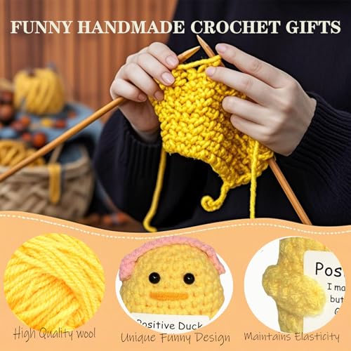 Handmade Crochet Duck with Encouragement Card - Mini Wool Knit Desk Decor