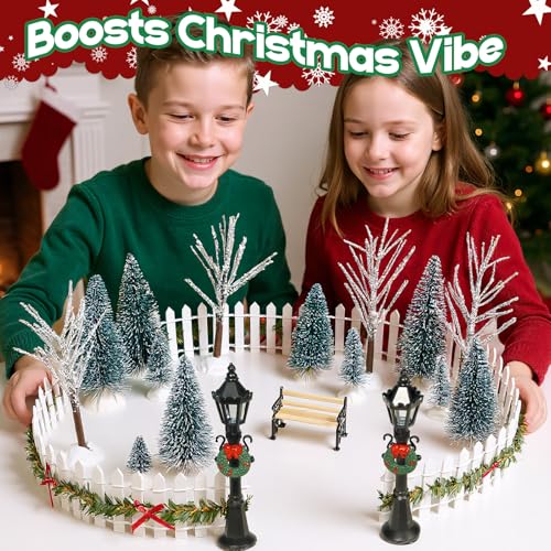Christmas Village Miniature Set with Trees, Lamp Posts & Snow Blanket