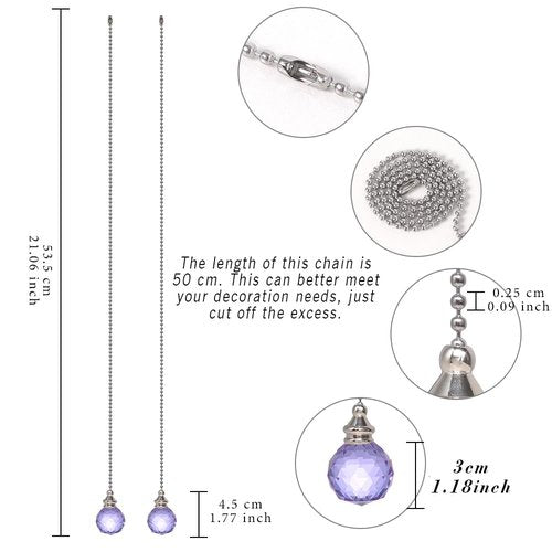2 Pieces Purple Crystal Ceiling Fan Pull Chain Prism Ball 30mm Dazzling Pull Chain Extension with Connector for Ceiling Light Fan