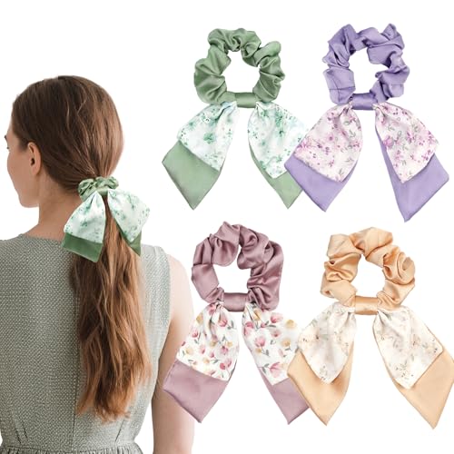 Satin Bow Scrunchies 4-Pack Elastic Hair Ribbons for Women