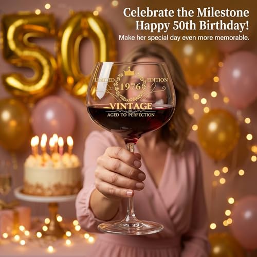 Vintage 1976 Stemless Wine Glass - 50th Birthday Gift for Women (16 oz)