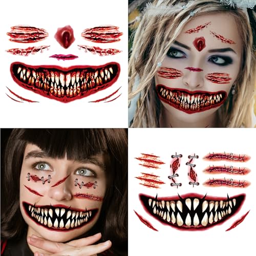 Cerlaza Halloween Temporary Tattoos Scary Big Mouth Clown & Scars Kit