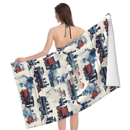 Vintage Steam Train Beach Towel, 32x52in Oversized Microfiber Quick Dry
