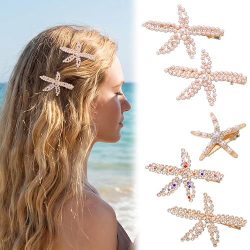 5-Piece Starfish Pearl Crystal Hair Clips Beach Wedding Hair Accessories