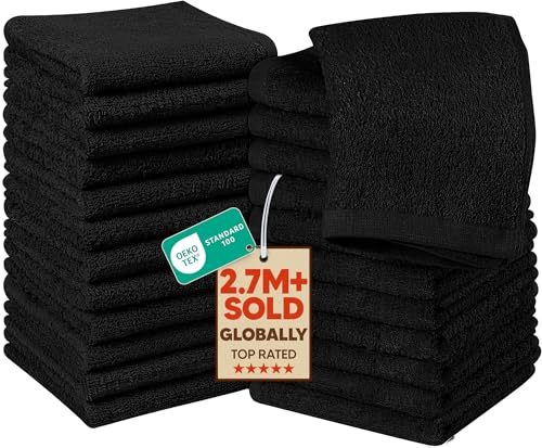 Utopia Towels 24 Pack Black Washcloths, 12x12 in, 100% Cotton
