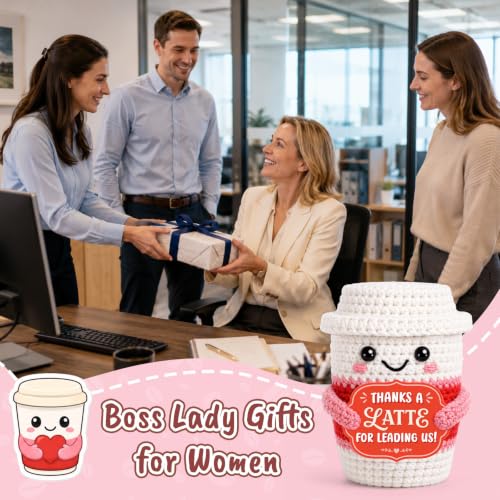 Personalized Boss Gifts for Women - Handmade Crochet Latte with 'Thanks A Latte' Card