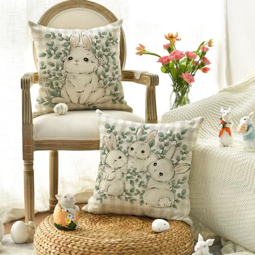 Happy Easter Buffalo Plaid Rabbit Throw Pillow Cover - 18x18