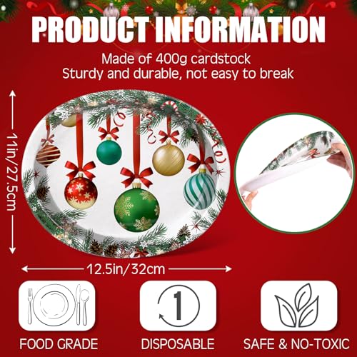 Christmas Ball Pattern Oval Paper Plates 10x12 Inches - Green, 100 Pack