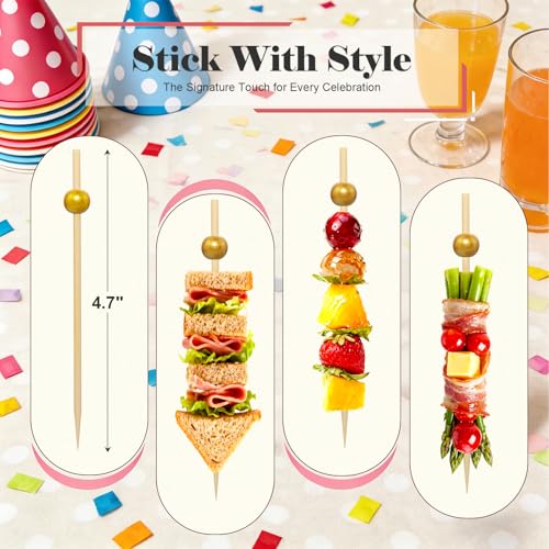 Gold Pearl Cocktail Picks for Appetizer & Charcuterie Boards - Matte Gold Beads, 100-Pack