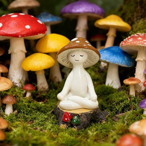 Meditation Mushroom Resin Statue with Stump Base - Whimsical Decor for Home & Garden