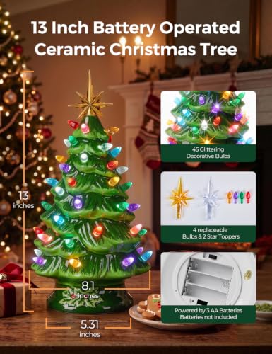 Green Ceramic Christmas Tree 13 Inch Pre-lit Tabletop Holiday Decor - Brightown