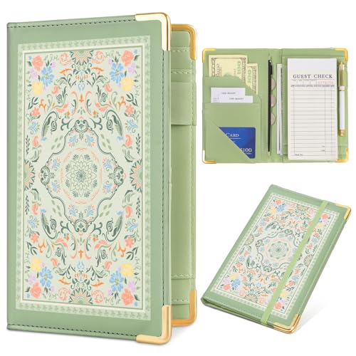 Sage Green PU Leather Server Book for Waitresses with Zipper Pockets, Small (5x7.9")