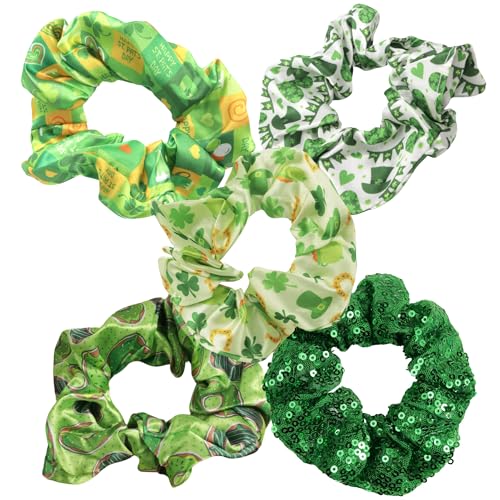 Needzo St. Patrick's Day Cotton Scrunchies 5-Pack Green Shamrock Hair Accessories