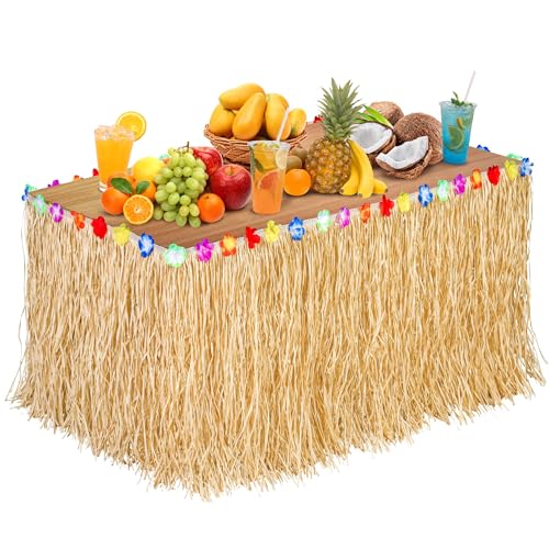 Aodaer Hawaiian Table Skirt with Hibiscus Flowers, 9ft x 30in Straw