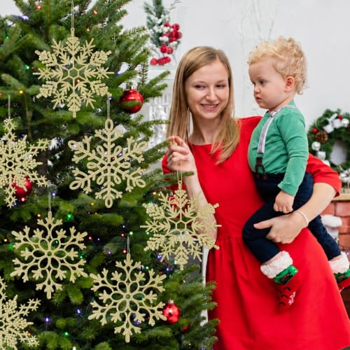 Gold Snowflake Ornaments Set - 12 Large Outdoor Indoor Christmas Decorations