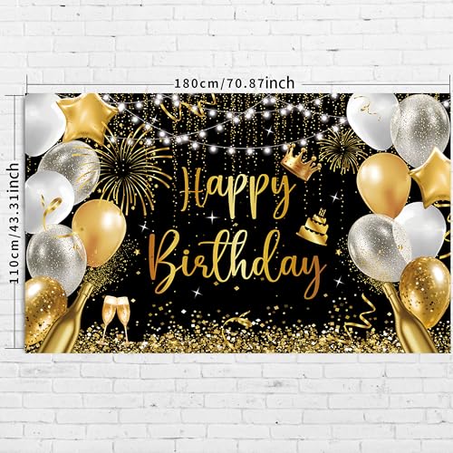 Large Black and Gold Happy Birthday Banner - 71x43 Inch Party Backdrop