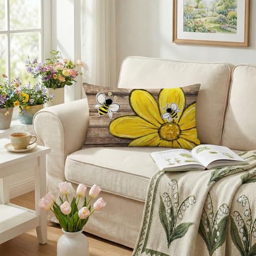 Daisy Bee Farmhouse Pillow Cover 12x20 Inch - Spring Decor