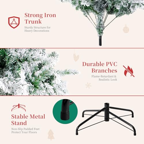 Full-Green & White 8ft 10in Pre-Lit Snow Flocked Artificial Christmas Tree with 700 Tips, Warm Incandescent Lights & Foldable Metal Base