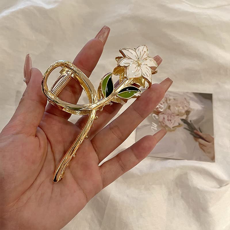 White Lily Metal Hair Claw Clip, Large Nonslip Flower Hair Barrette