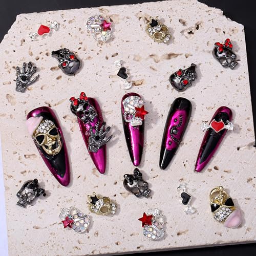 20 Pcs Halloween Skull Nail Charms 3D Gothic Alloy Rhinestones for DIY Art
