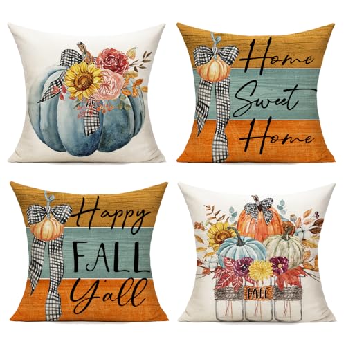 All Smiles 18x18 Fall Throw Pillow Covers Set of 4 - Pumpkin & Floral