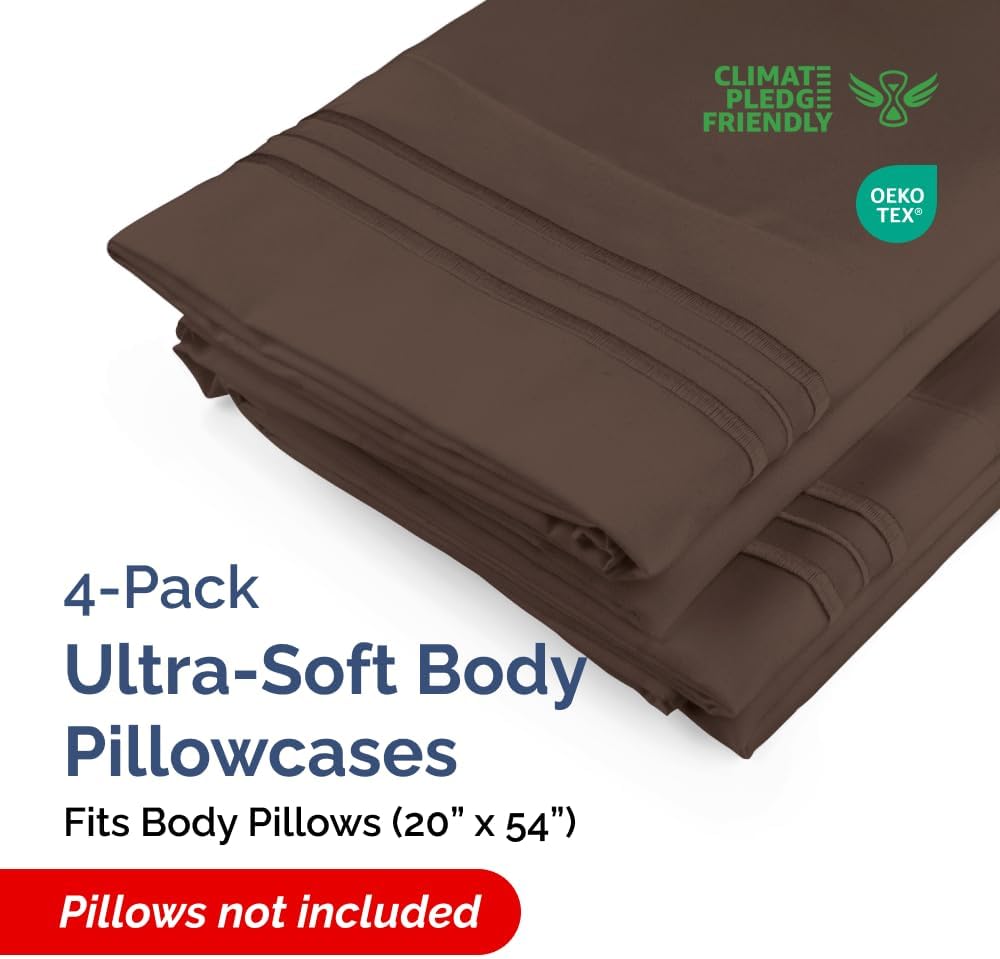 Skiennix Body Pillowcases Set of 4 | Soft, Cozy 20x54 Long Pillow Covers for Side Sleepers - Machine Washable, Fade Resistant - Brown