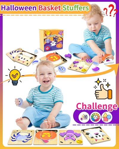 Oomloid Halloween Wooden Puzzles for Toddlers, 4-Pack Montessori Toys