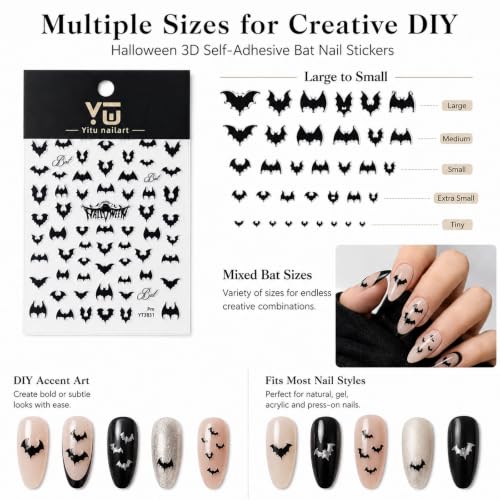 Black Bat Halloween Nail Stickers Self-Adhesive Gothic Nail Decals