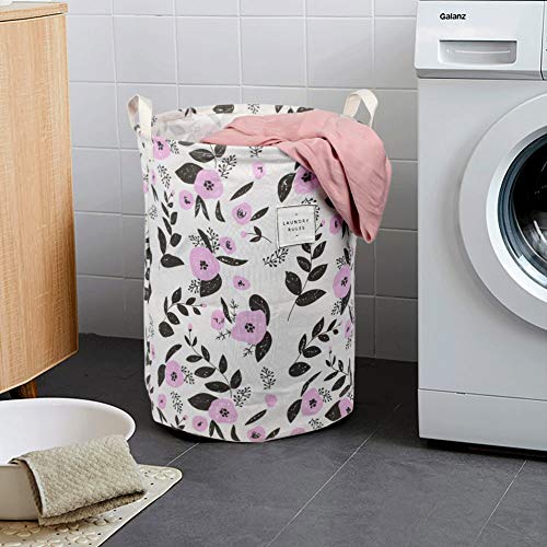 UUJOLY Waterproof Round Laundry Hamper - Collapsible Cotton Linen Basket, 19.7x15.7 in, Purple