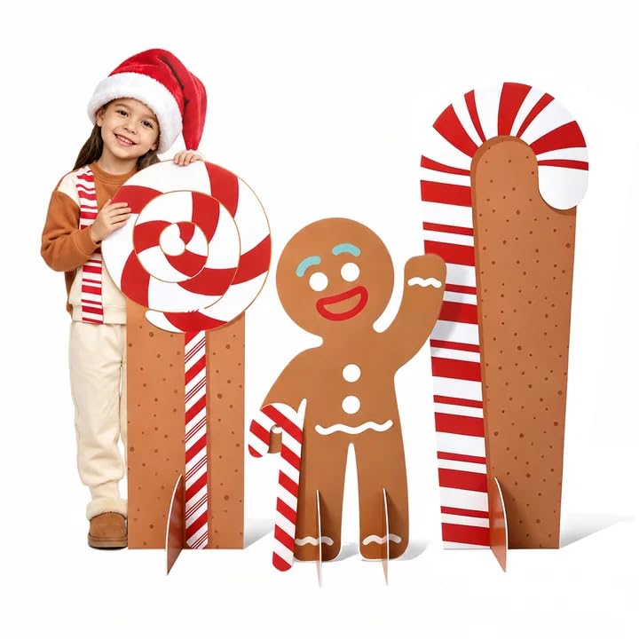 Gingerbread Man Candy Cane Lollipop Cardboard Cutouts - Holiday Decor Set