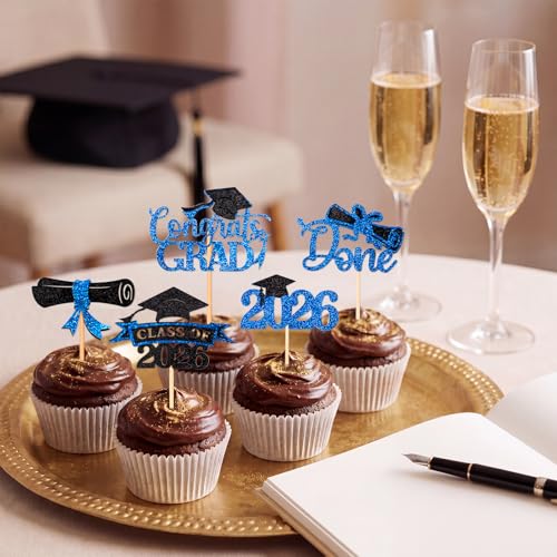 Class of 2026 Blue Glitter Graduation Cupcake Toppers 24 PCS