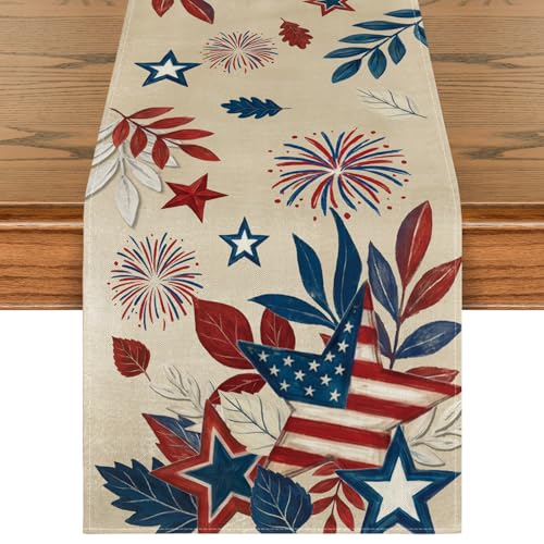 13x60 Inch Fireworks American Flag Stars Table Runner - 4th of July Memorial Day Decor
