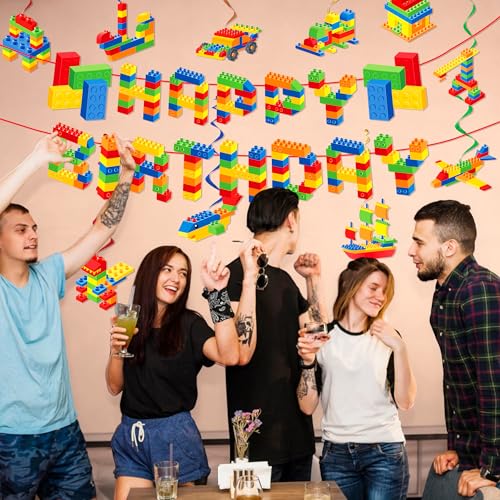 Building Block Birthday Party Decoration Set with Banner and Hanging Swirls