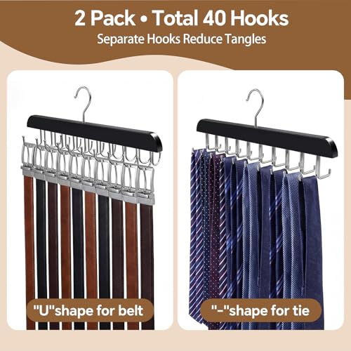 2 Pack Wooden Tie Rack and Belt Hanger with 40 Hooks